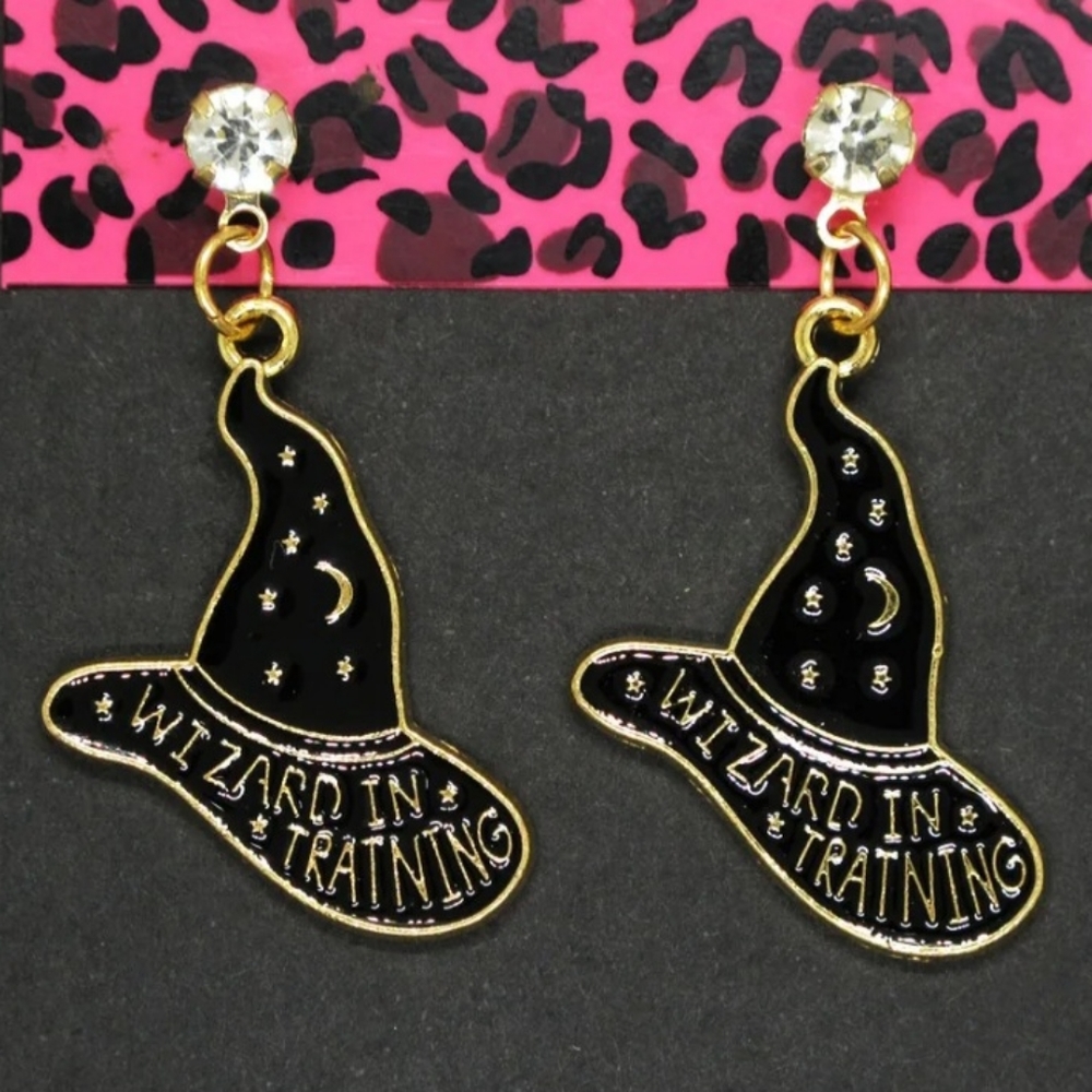 Halloween Black Wizard Witch Hat Rhinestone Dangle Drop Earrings